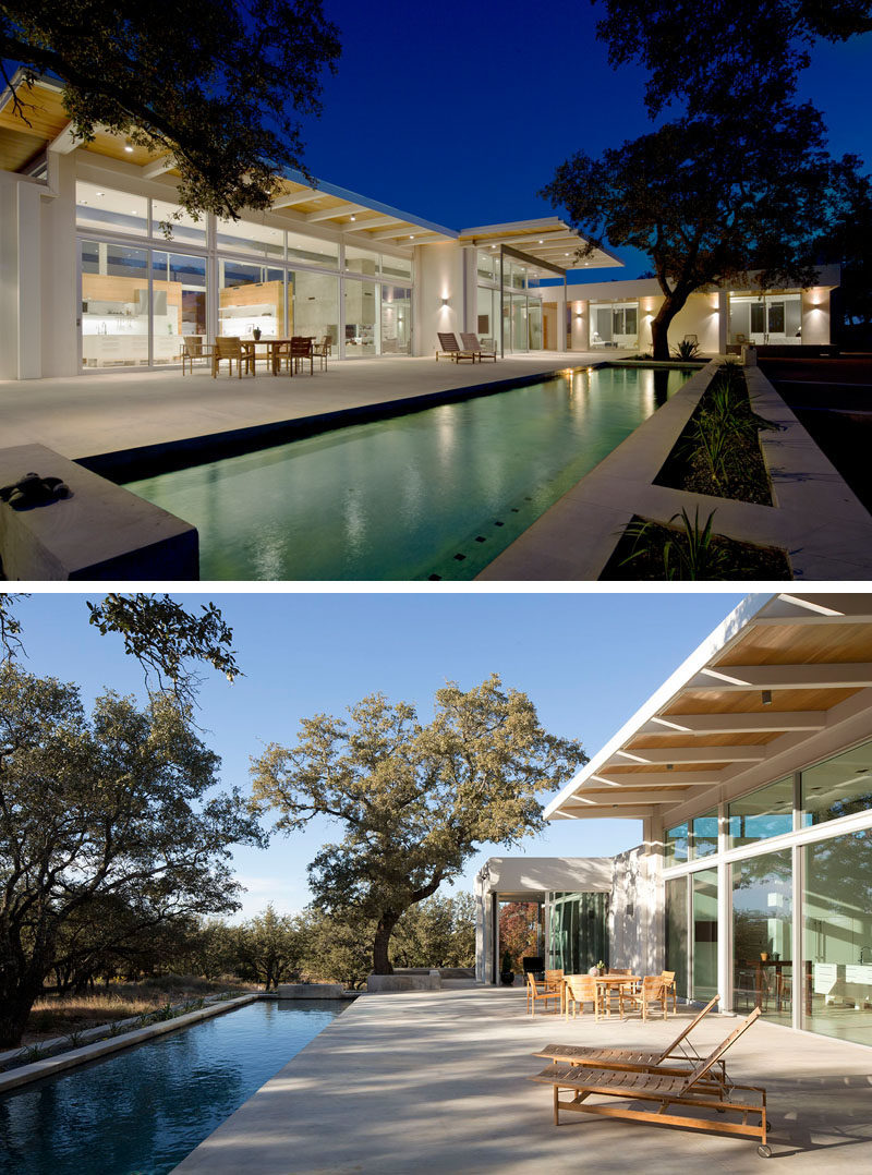 The back of this modern house features oak trees, a long lap pool and a large concrete pool deck that has more than enough space to lounge comfortably, entertain guests, or do both at the same time. 