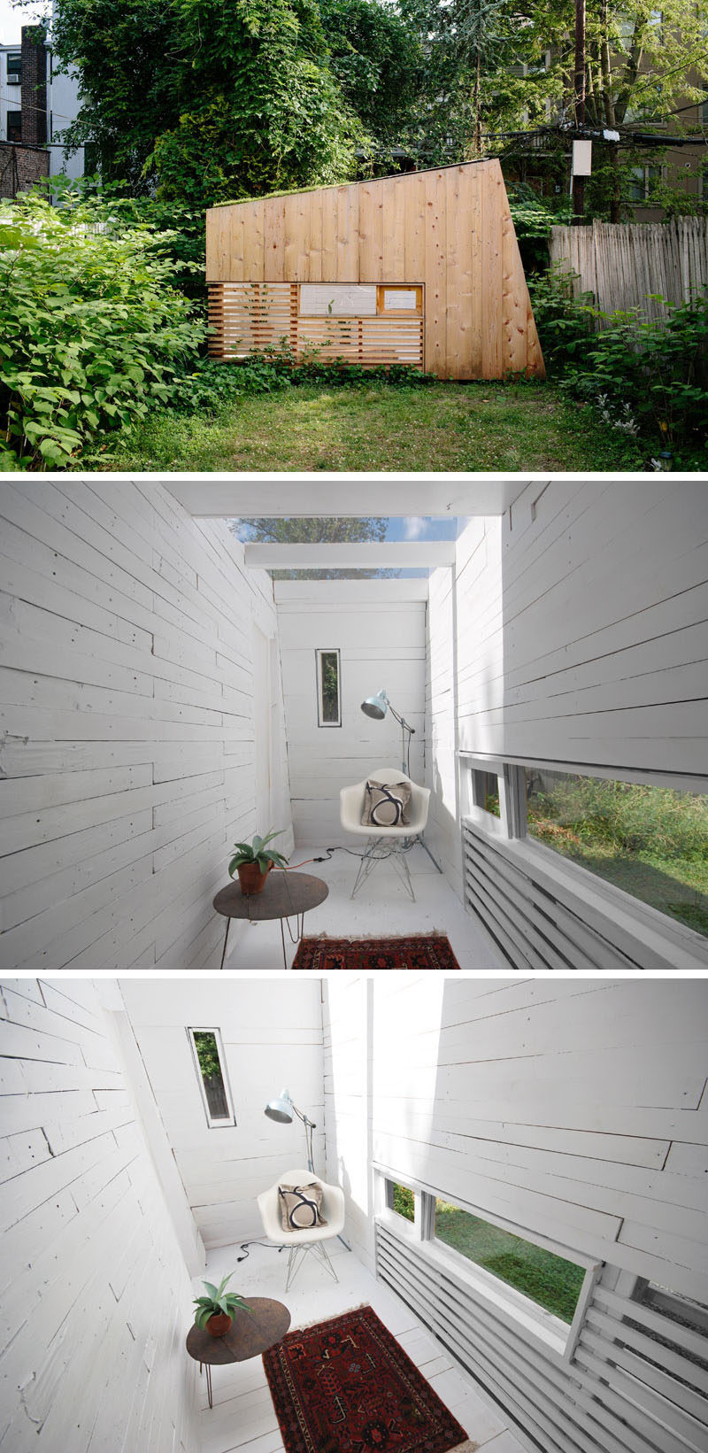 A small backyard studio features a  green roof and a skylight.