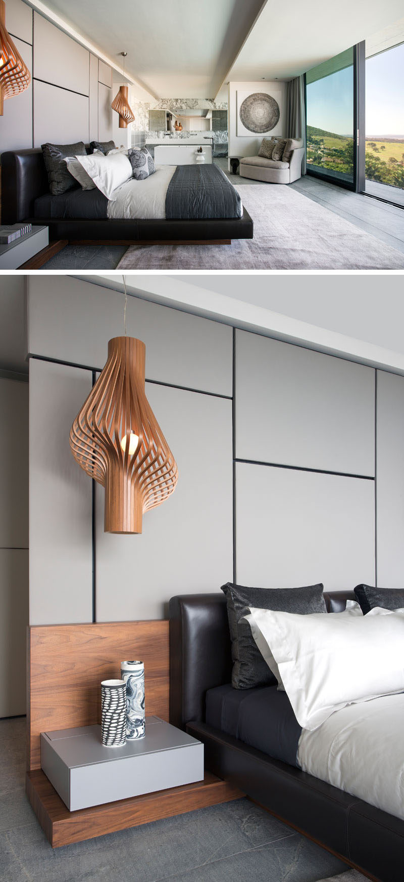 In this modern master bedroom, sculptural wood pendant lights act as bedside lamps, while the bathroom is completely open to the bedroom.