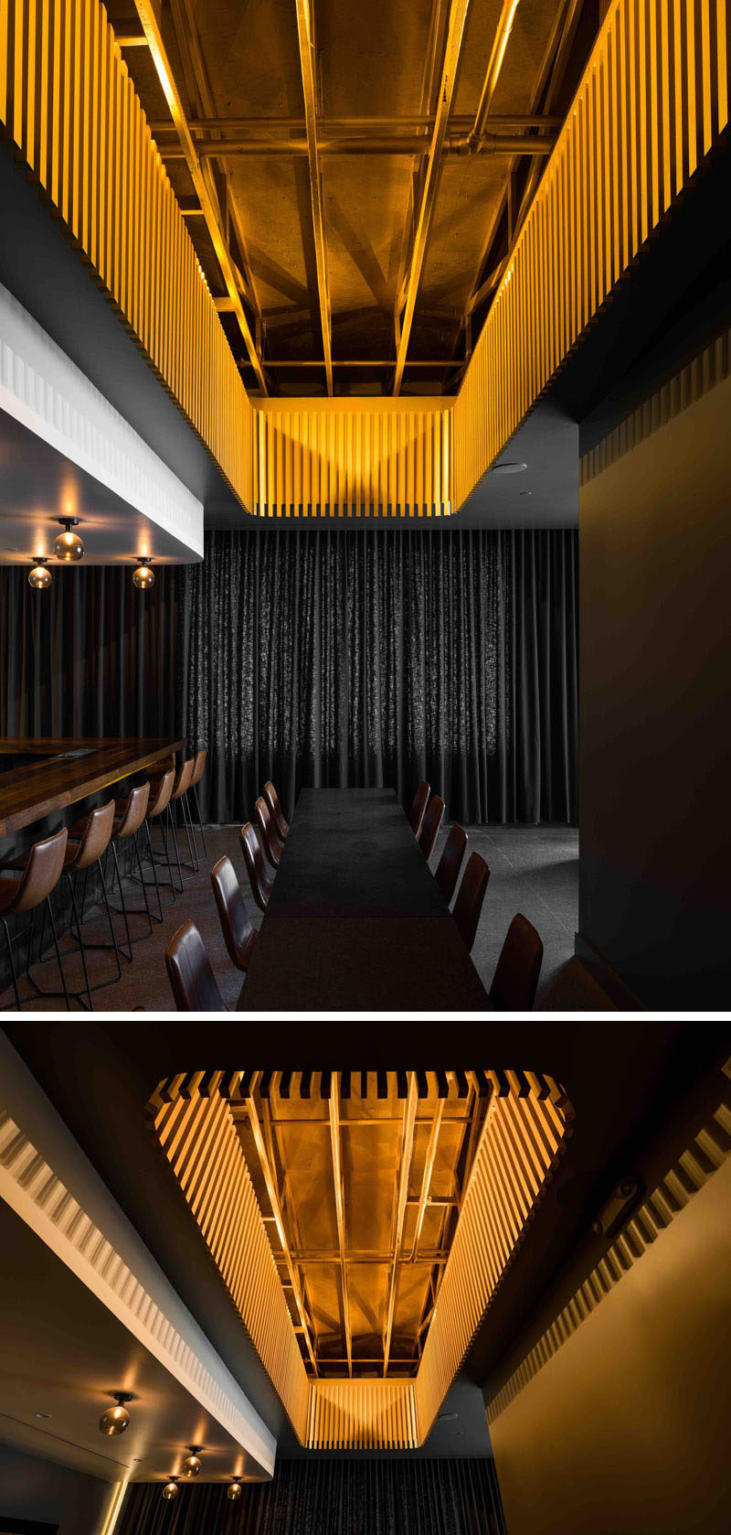 The focal point of this modern and luxurious cocktail bar is the gold painted trusses in a central void that acts like a chandelier centered above a large communal table.