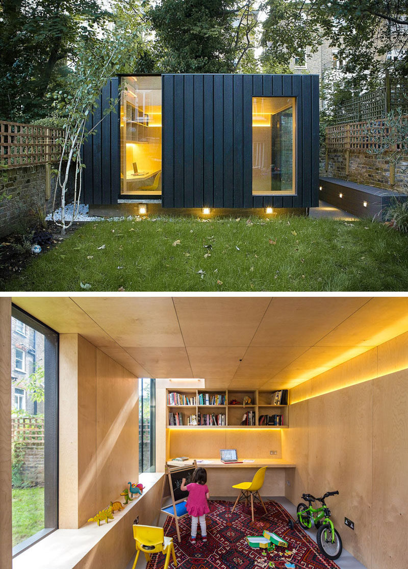 This charred cedar clad studio was added to the backyard of this London home to provide an office, a yoga studio, and a children's play area. #ModernStudio #BackyardGuestHouse #BackyardOffice #BackyardStudio #Architecture