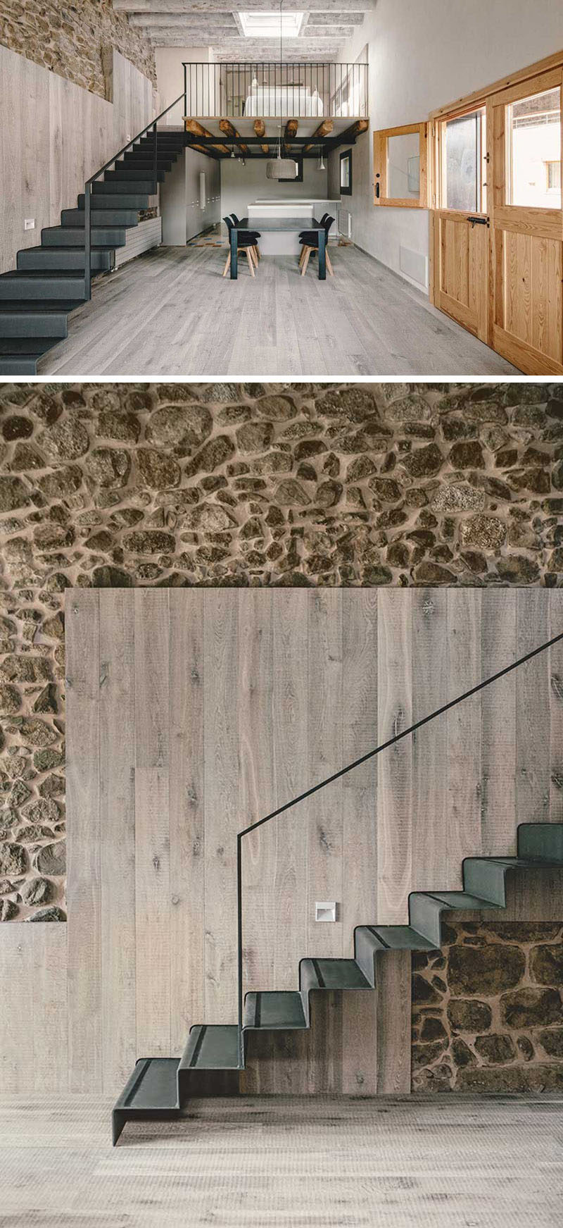 These modern, industrial, black steel stairs leading up to the loft add a contemporary touch to the interior but also compliment the rustic look of the walls and ceiling beams.