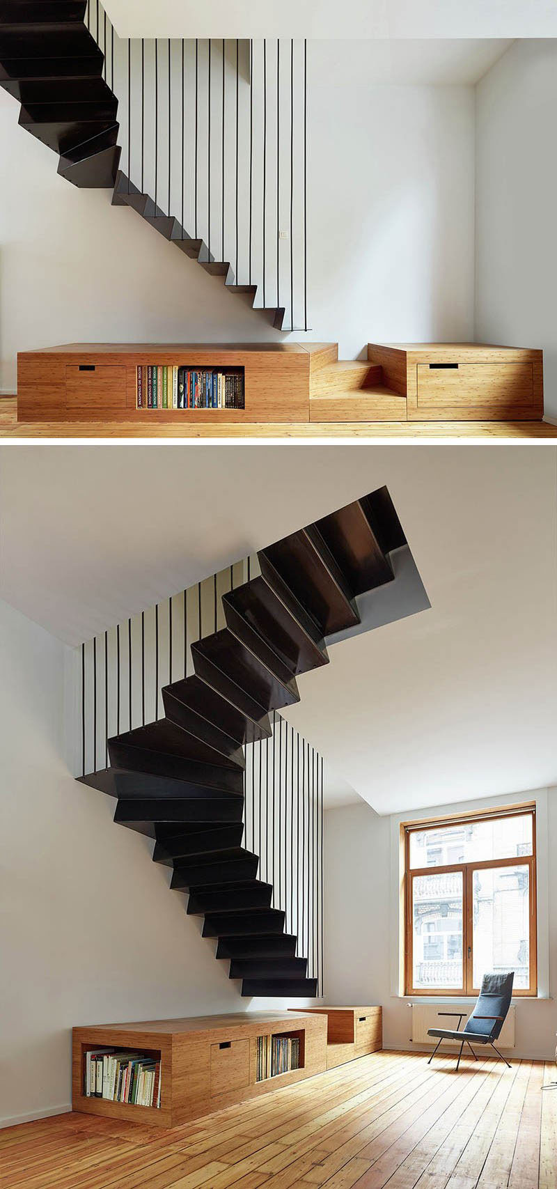 These suspended black steel stairs take up little space in the interior and add contrast to the white and wood palette.