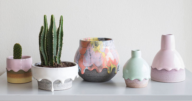 Made from earthenware clay and glazed with a drip finish, these modern and colorful ceramic home decor items can be used as vases, cups and bowls (they are food and drink safe), or even as a planter for your favorite cactus or succulent.