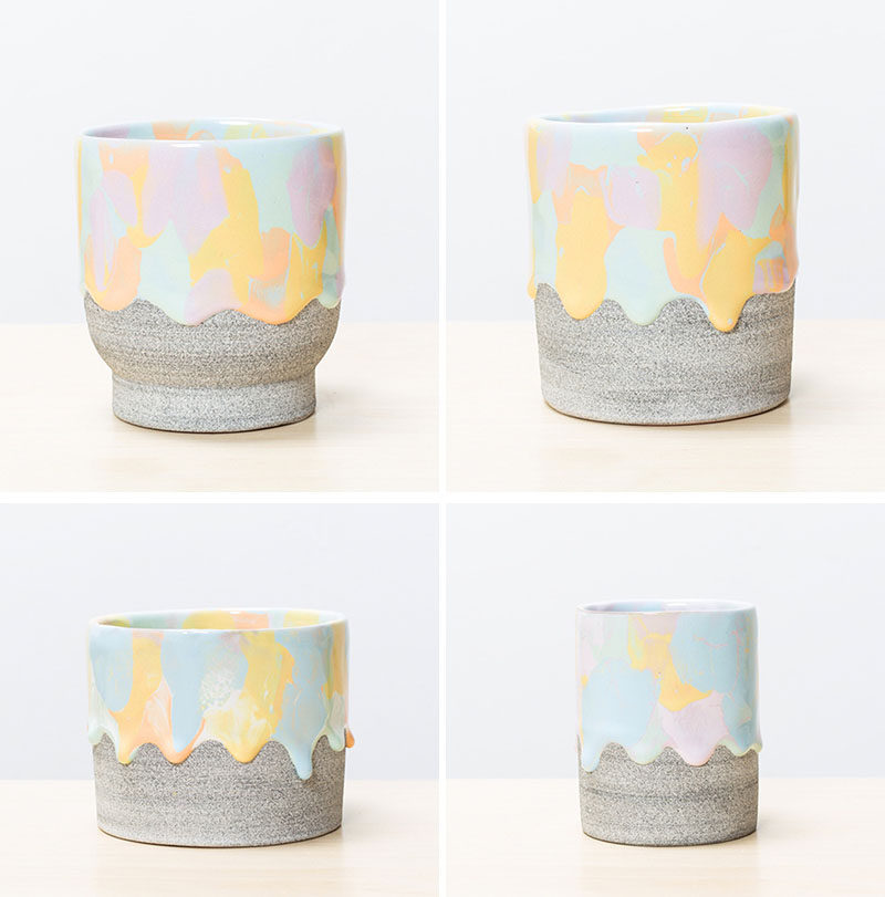 Made from earthenware clay and glazed with a drip finish, these modern and colorful ceramic home decor items can be used as vases, cups and bowls (they are food and drink safe), or even as a planter for your favorite cactus or succulent.
