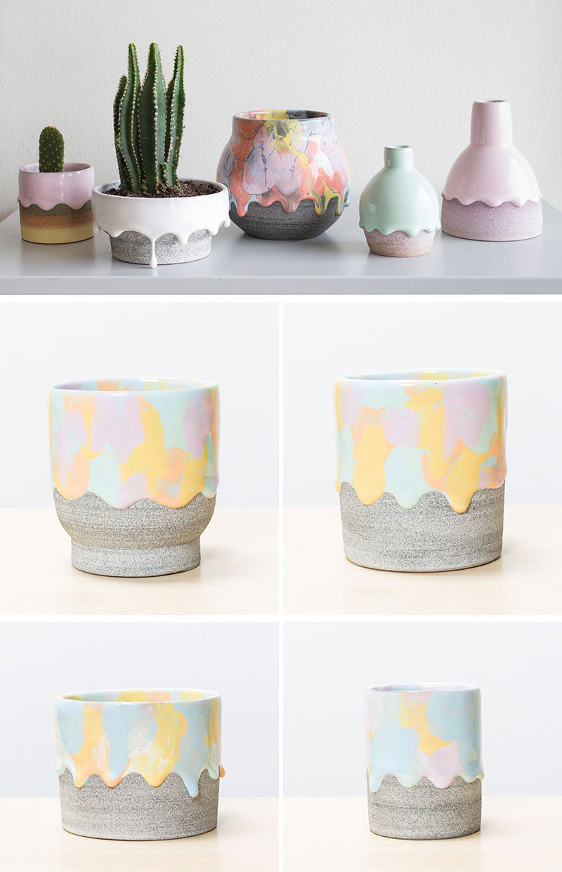 Made from earthenware clay and glazed with a drip finish, these modern and colorful ceramic home decor items can be used as vases, cups and bowls (they are food and drink safe), or even as a planter for your favorite cactus or succulent.