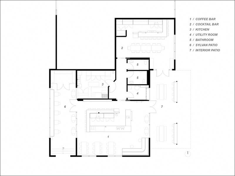 The floorplan of a coffee shop and cocktail bar that share the same space.