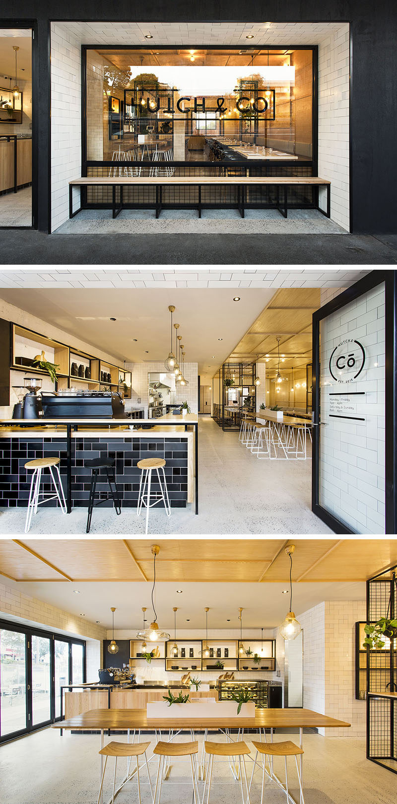 Biasol designed Hutch & Co, a cafe and restaurant in Melbourne, Australia, that combines black elements like window frames, tiles and metal work with light wood and white furniture, and concrete floors.