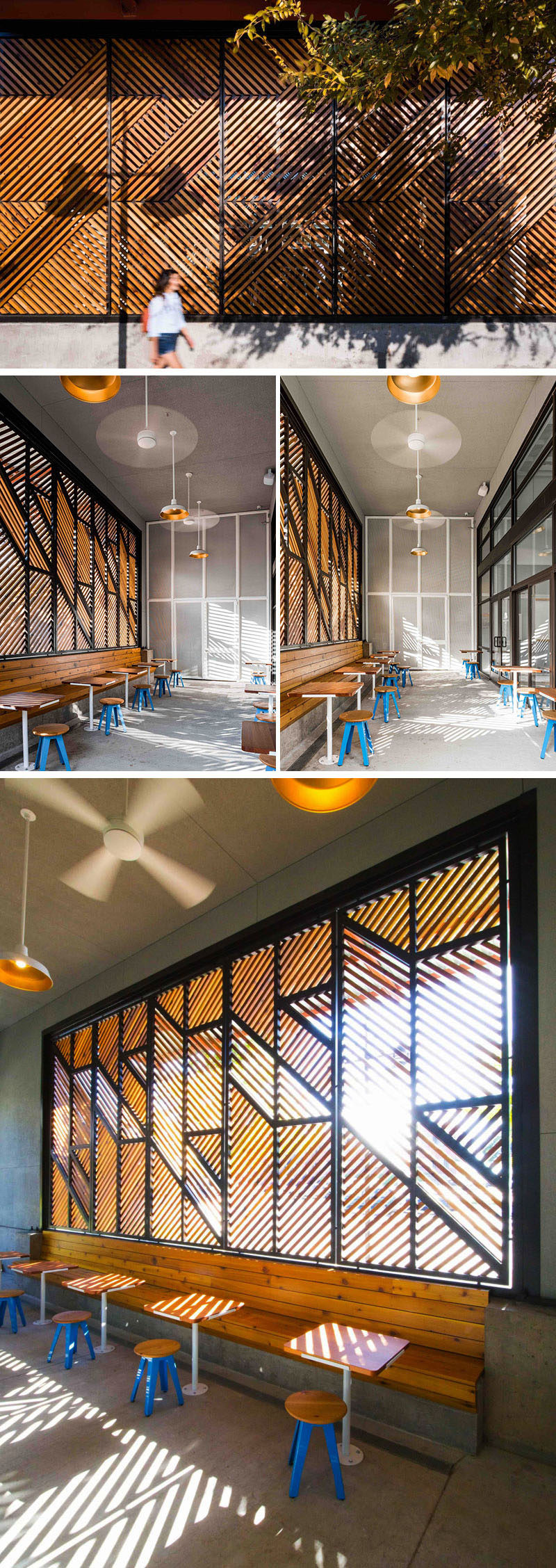 This modern coffee shop design has a houndstooth patterned cedar screen to create visual interest from the street and from within the enclosed patio. Inside the patio, sunlight is filtered through the pattern allowing for interesting shadows. The screen also shields guests from the street just outside.