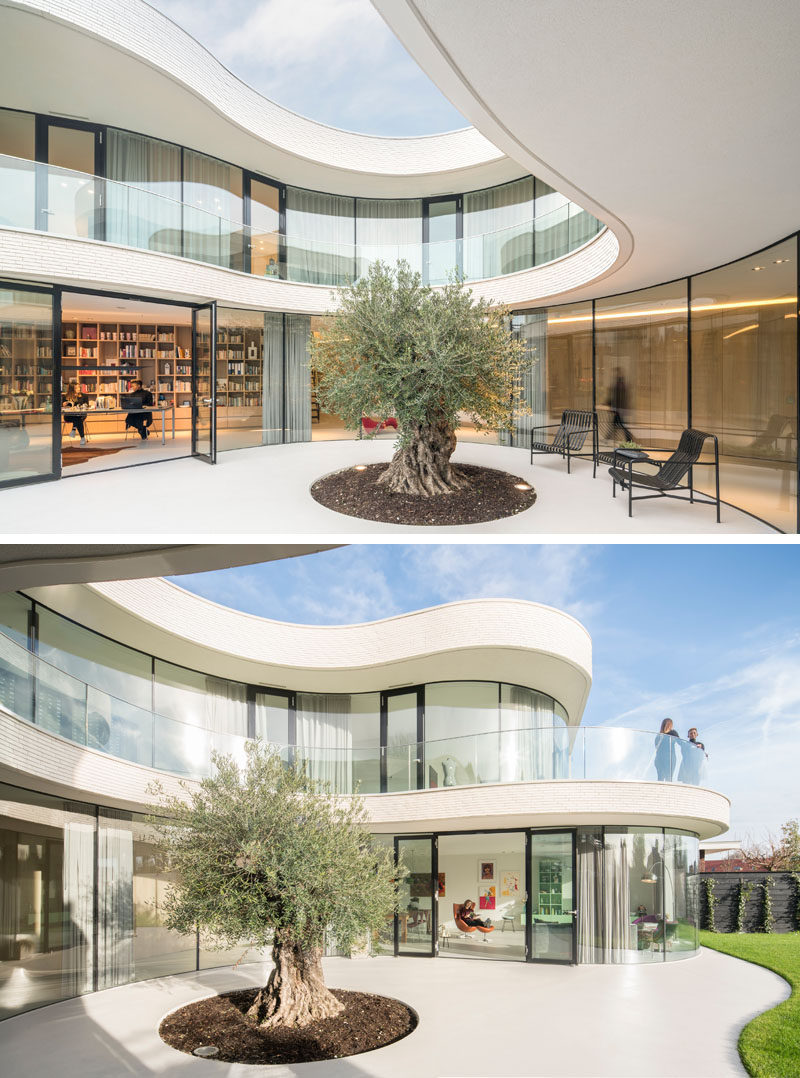 The main floor of this modern house has floor-to-ceiling curved glass windows that flood the interior with natural light.