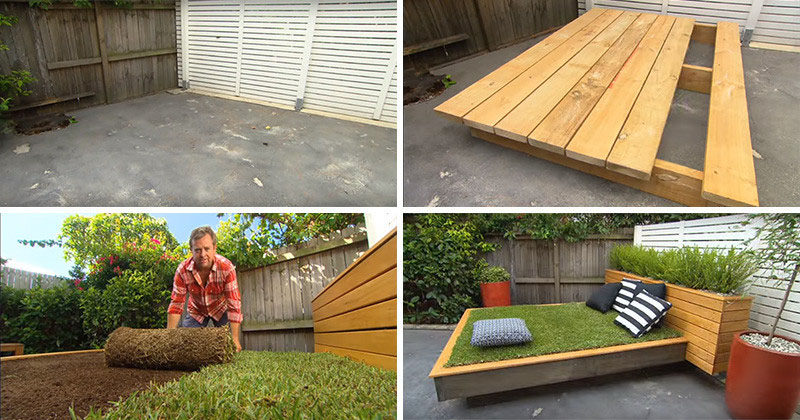 Have an extra bit of space in your backyard but don't want to rip up concrete to create a garden? Turn the spot into a grassy outdoor daybed just like this one.