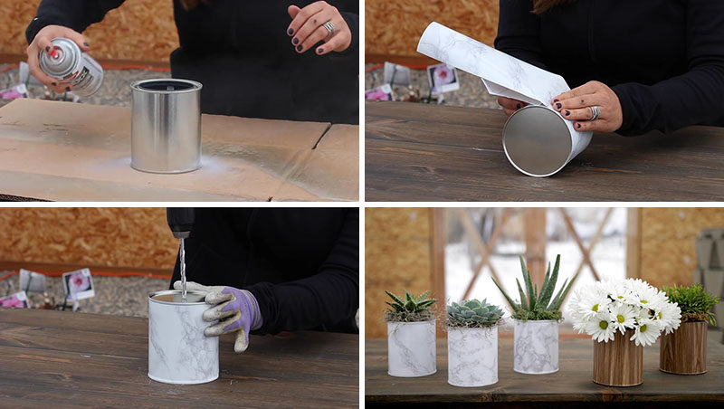 Create your own inexpensive and easy modern DIY planter or vase for your home decor by using a simple paint can, some contact paper, and a bit of spray paint.