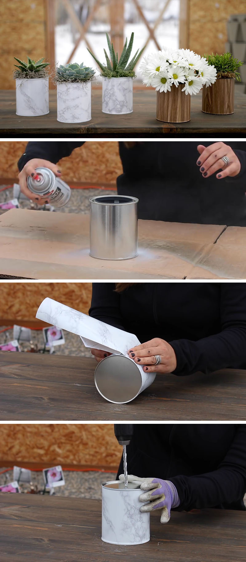 Create your own inexpensive and easy modern DIY planter or vase for your home decor by using a simple paint can, some contact paper, and a bit of spray paint.