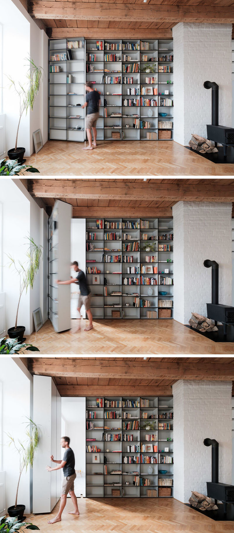 One of these floor-to-ceiling bookshelves is not like the rest. Instead it has a secret door that opens up to a hidden bedroom.