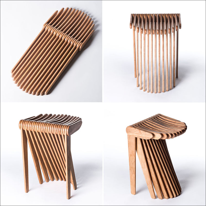 SWISH is a kinetic, modern wood stool made from 27 thin wood elements that have been produced using CNC machinery. 