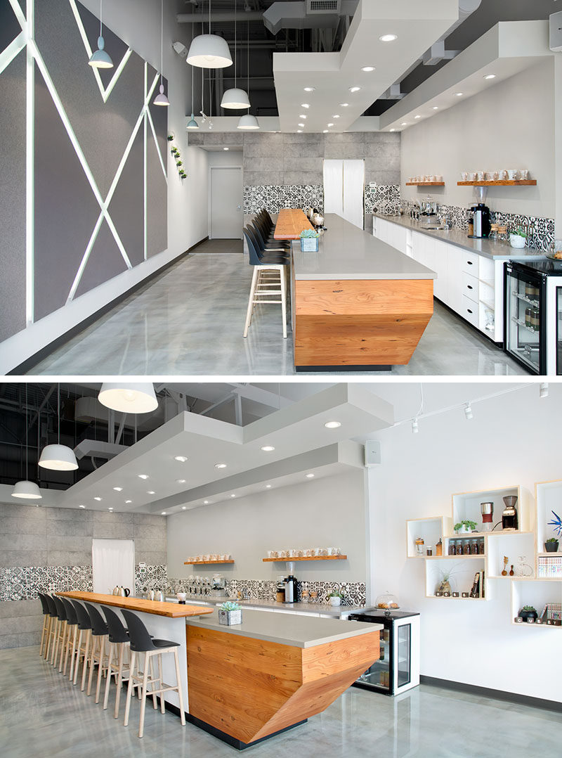 Interior designer Pauline Lin has recently completed Faebrew, a modern coffee shop that serves hand poured coffees in an environment made of felt, wood, engineered stone, concrete floors and white walls.