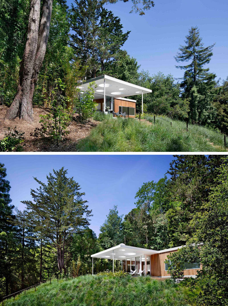 This small guesthouse, which has been designed to be used for multiple generations and is set up so that it can be a guest room for visiting friends and family, a media room or a hangout area for teenage children. As the guesthouse is on a steep slope, stairs have been added to make climbing up to it a little easier.