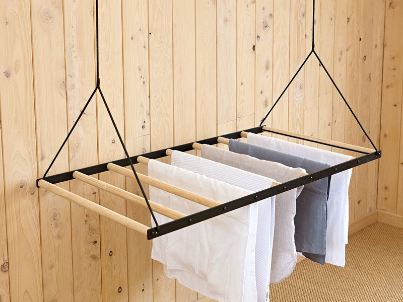 This Hanging Clothes Drying Rack Can Be Raised And Lowered Using A