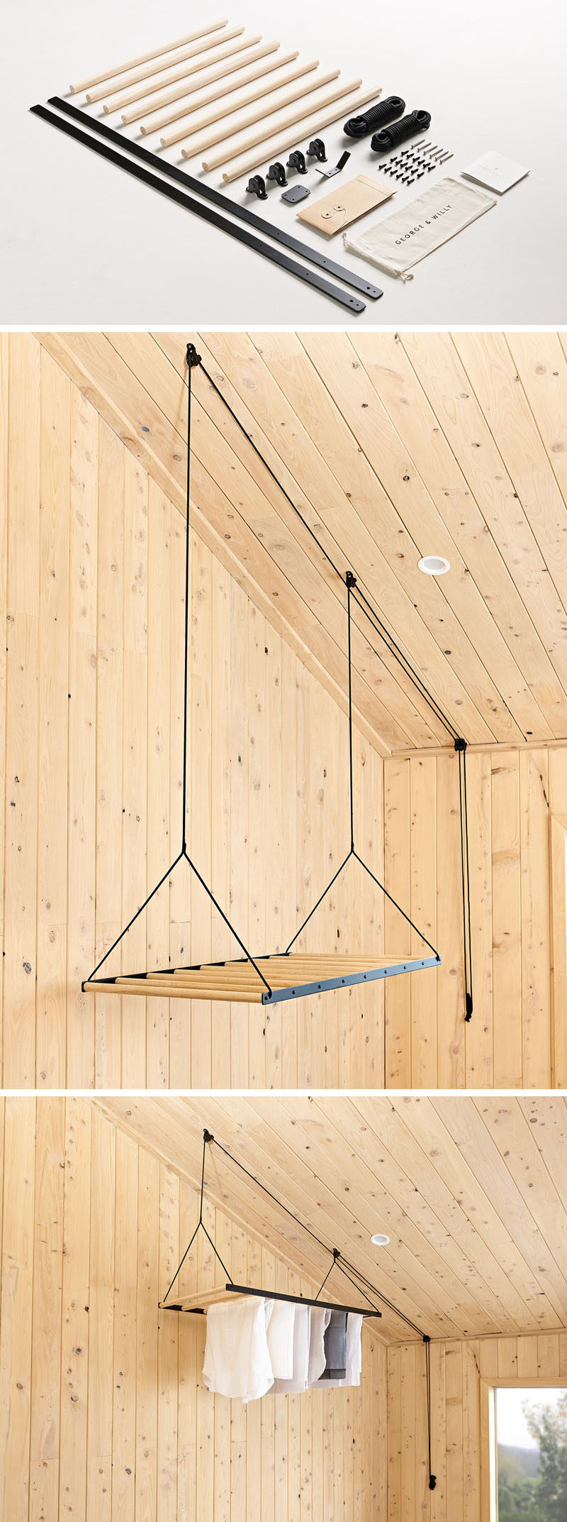 New Zealand based design firm George and Willy have created a modern hanging clothes drying rack that drops from the ceiling on a pulley system to dry and air your clothes.