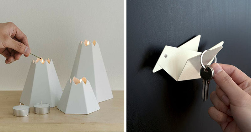 Inspired by origami, the Japanese art of paper folding, Moreoverdesign has created a collection of home decor items that feature clean lines and simple design. By artfully folding sheets of metal, pieces like the Easy Bird wall hook and envelope holder, and the volcano candle holder and vase come to life.