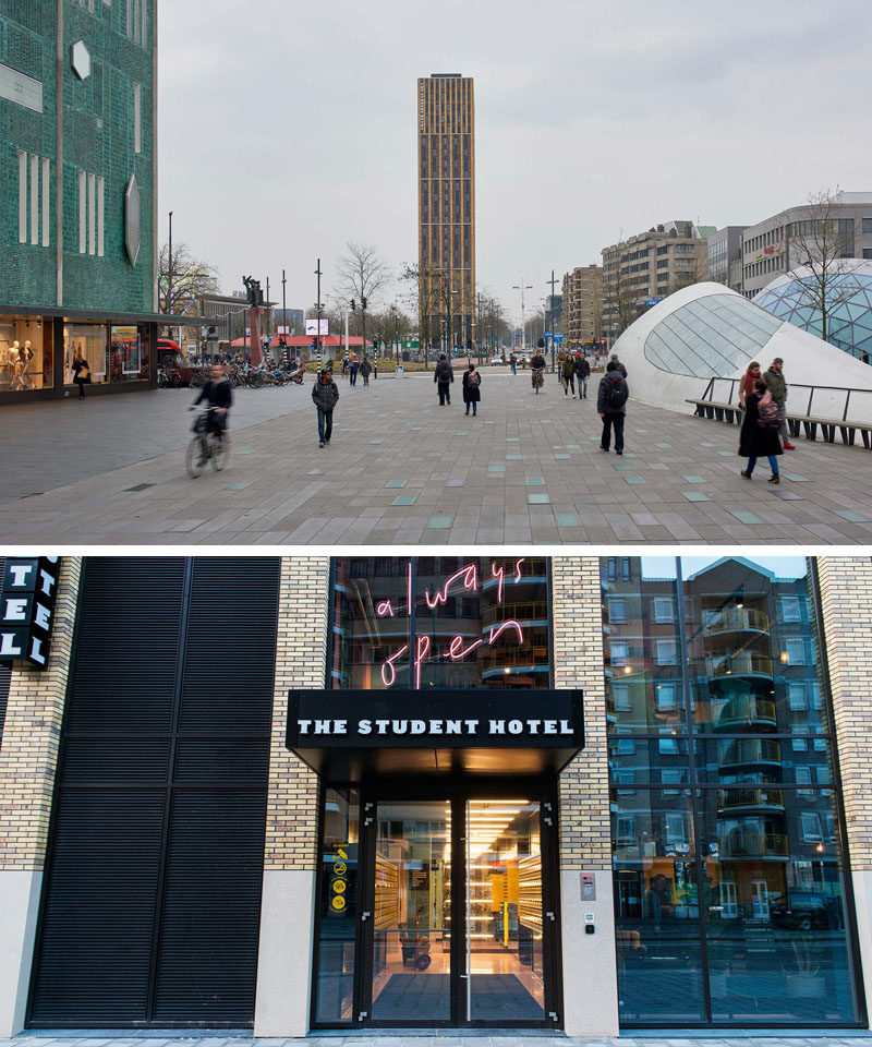 The Student Hotel in Eindhoven, The Netherlands, was once a post office, and has now been transformed into a place for hotel guests to relax in a modern and colorful environment.