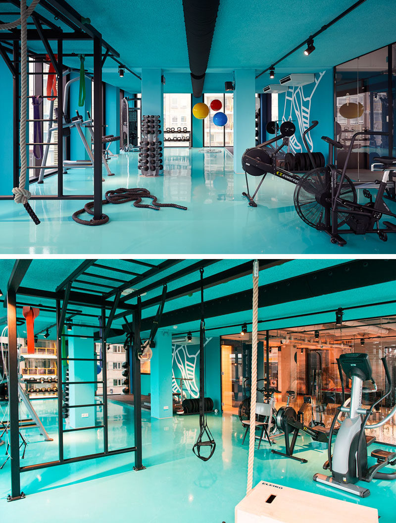 In this modern hotel, guests at the hotel are able to use the bright blue gym and workout space that's fully equipped with all of the equipment you could possibly need, including weights, machines, balls, and ropes.