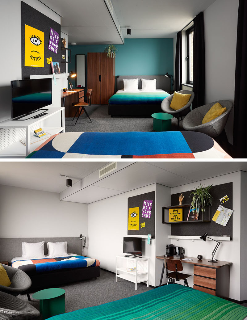 This modern hotel room includes items like a desk, a TV, a wardrobe, felt bulletin boards, comfortable beds, modern chairs and side tables, and built-in shelving to ensure you have enough space to live comfortably during your stay, however long or short it may be.