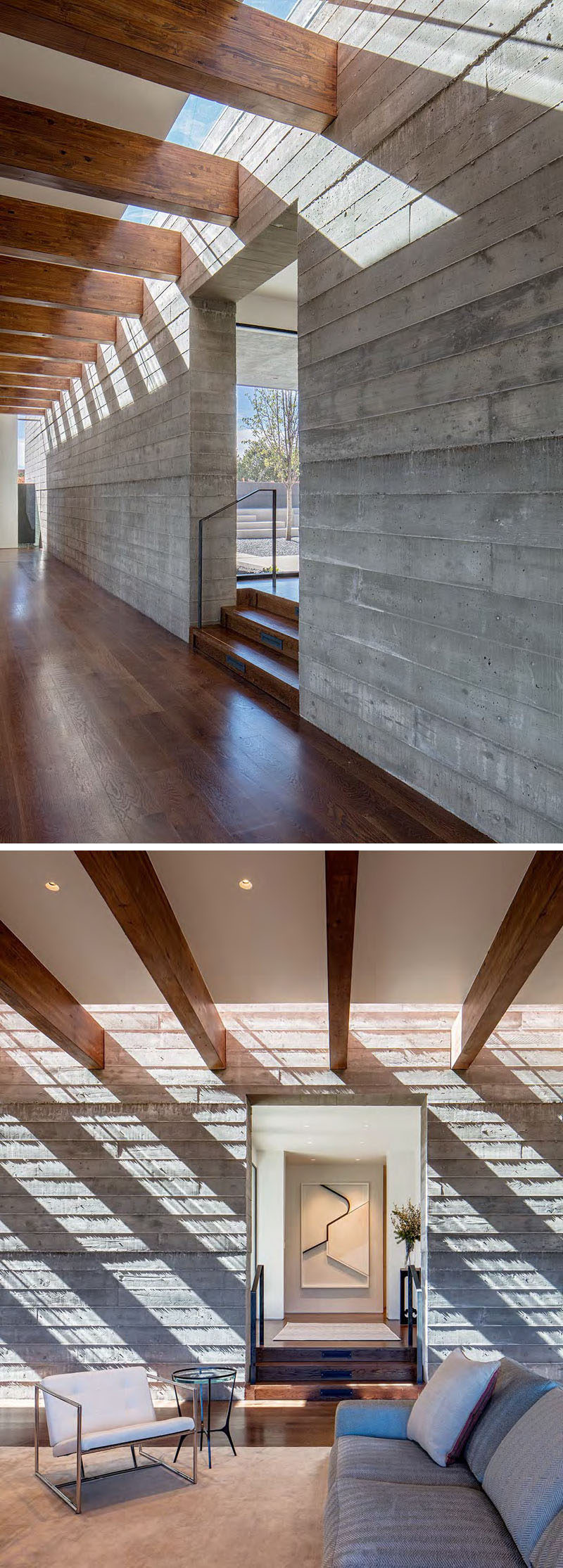 In this modern house, sunlight shines through a narrow skylight that runs the entire length of one of the walls (125ft), and casts shadows throughout the day.