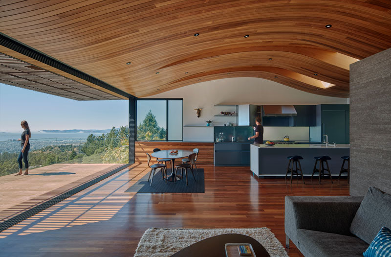 Terry & Terry Architecture designed this two-level modern family home in Oakland, California, that opens up to reveal spectacular uninterrupted views San Francisco Bay and the Golden Gate Bridge.