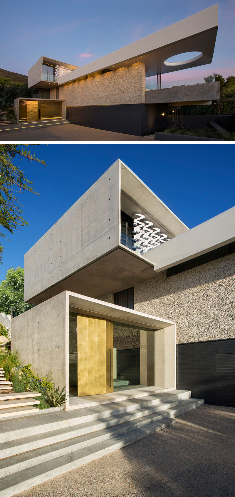 The modern house is made up of rectangular forms that are positioned on top of each other, with some cantilevering out. Upon approaching the house, a wall of stone breaks up the concrete and adds a more natural touch to the home, while the custom-designed brass front door surrounded by glass is like a beacon guiding you to the entrance.