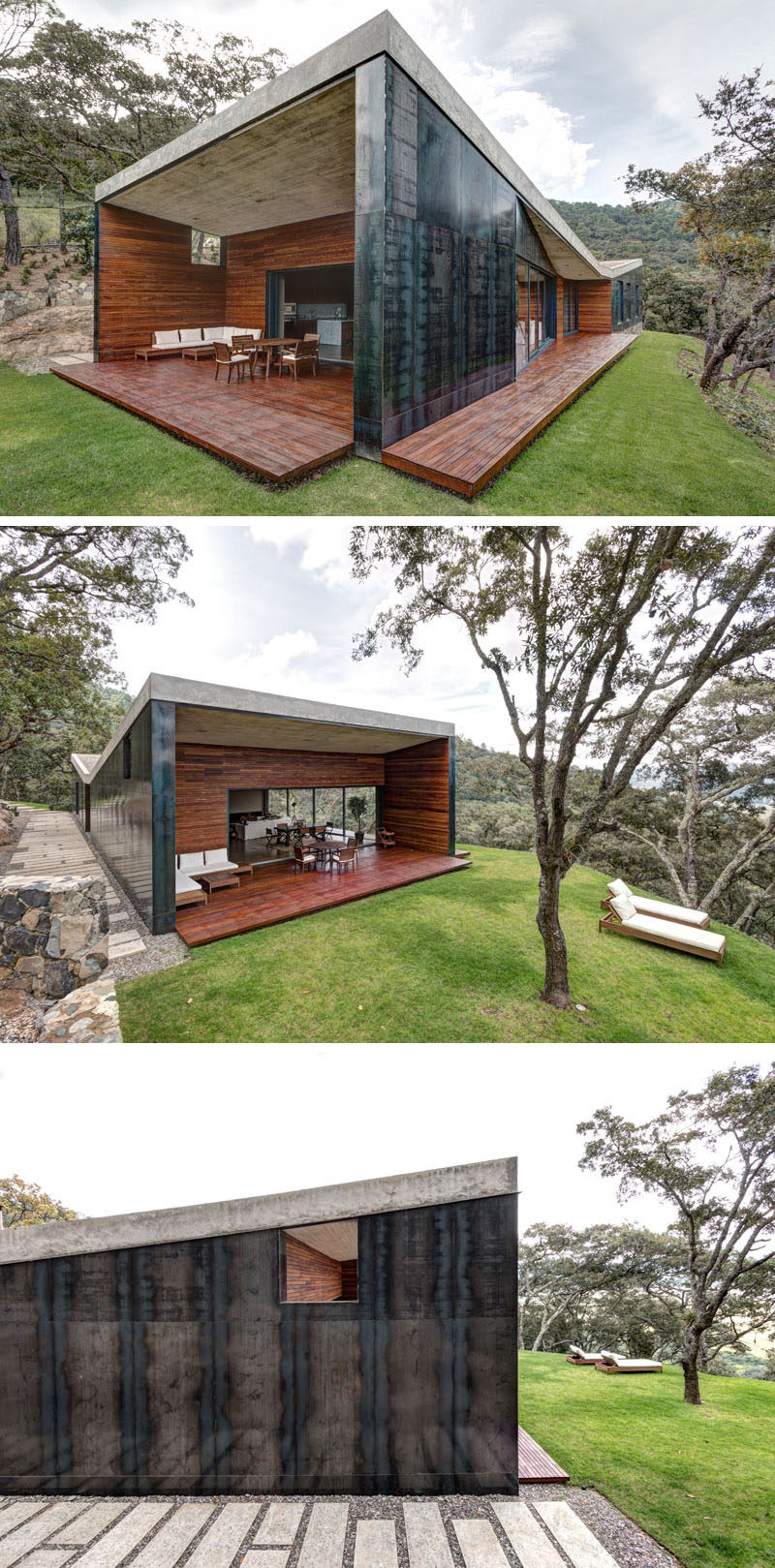 Elías Rizo Arquitectos have designed this modern house covered in steel, concrete and wood, for a middle-aged bachelor who wanted to build a weekend house in the forest.