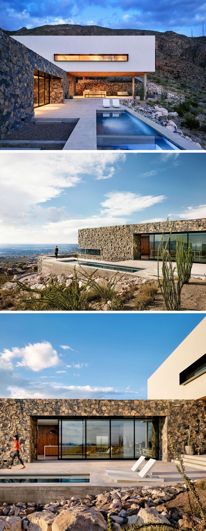 The design of this modern house has a covered entertaining space, sheltered by the white volume of the level above it, as well as a pool and lounge deck that leads directly into the kitchen. The main level is covered in stone that helps the majority of the house blend into the rugged mountain landscape around it.