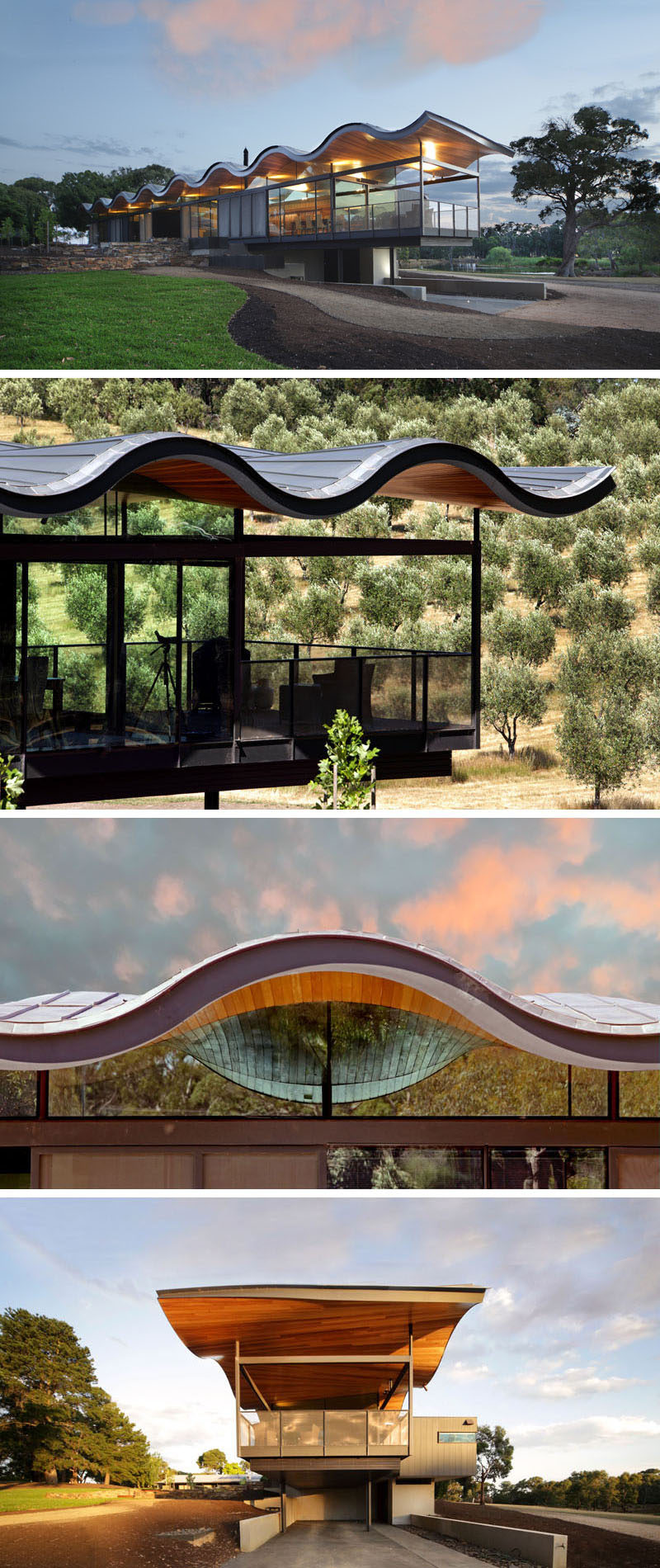 This modern house in Australia features a sculptural and wavy roof made from metal and wood, that's been designed to mimic the rolling hills surrounding the home.