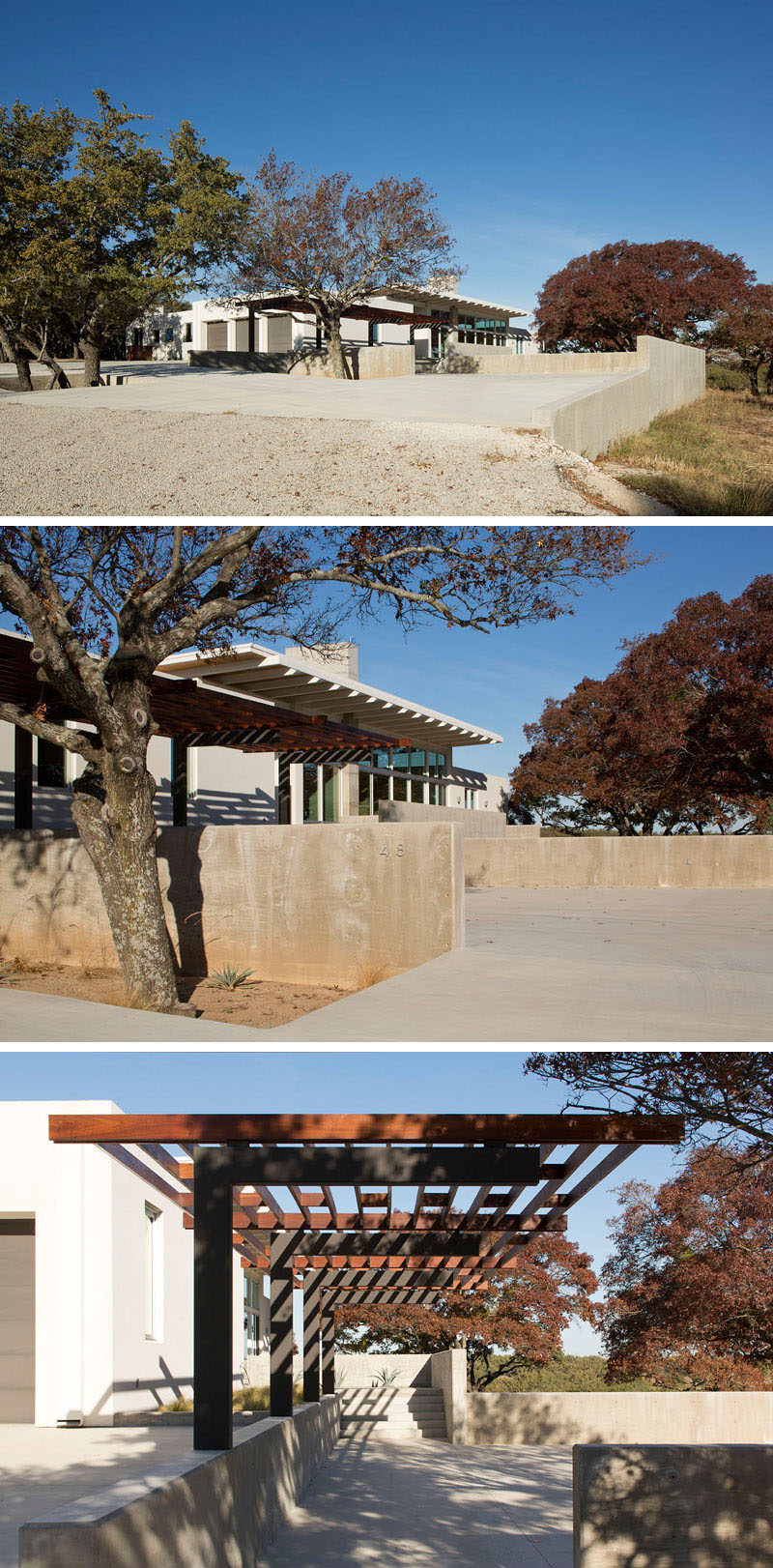 As you approach this modern house, large oak trees and a concrete driveway welcome you and give you a taste of the modern, natural design you'll find throughout the rest of the home. A steel and wood canopy covers the walkway from the driveway to the entrance, adding texture and a rustic touch to the exterior.