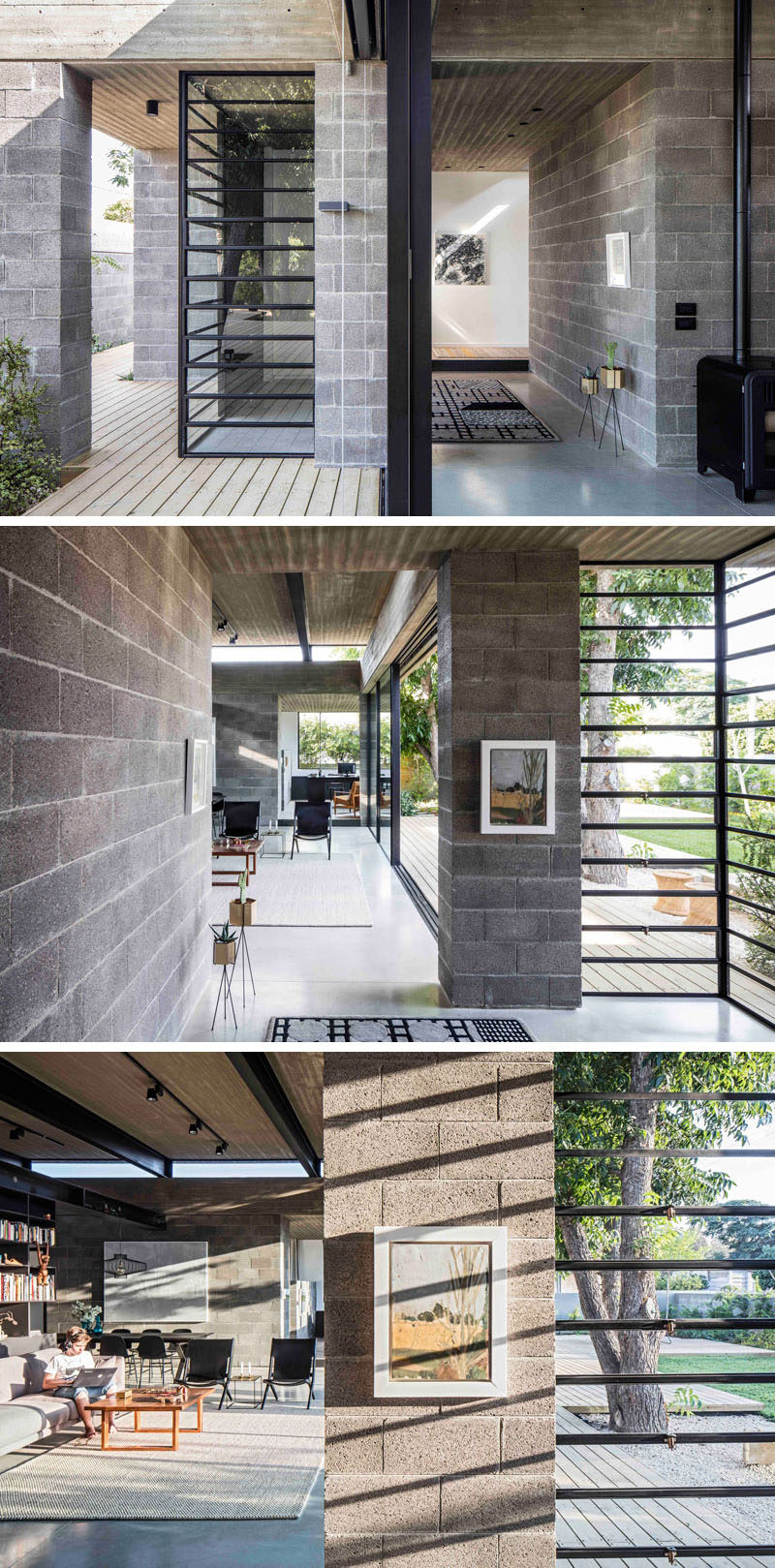 This modern house is made from concrete blocks and a concrete roof, that both work well with the black window frames.