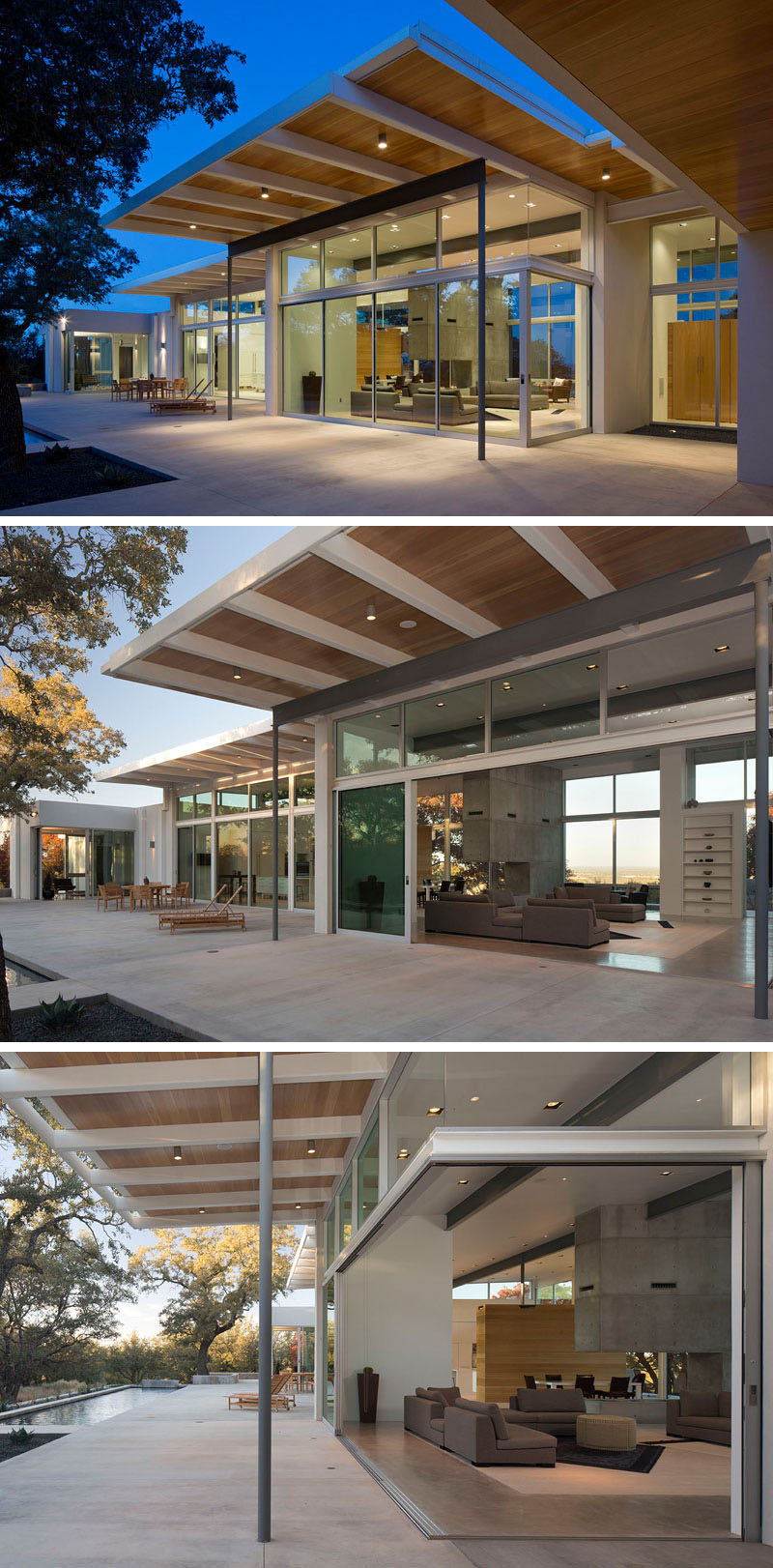 This modern house features sliding glass doors that open up completely to create an indoor/outdoor living experience. 
