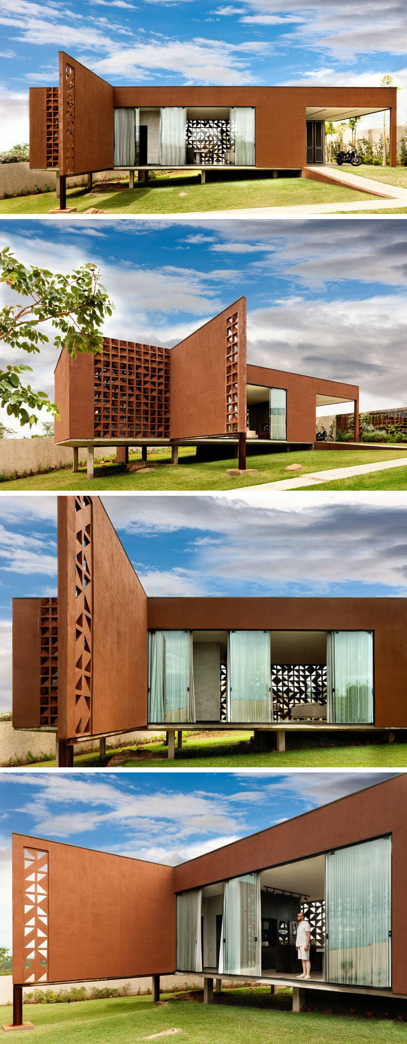 1:1 arquitetura:design have designed Casa Clara, a small house in Brazil for a couple and their child, that has a steel frame and a decorative block pattern.