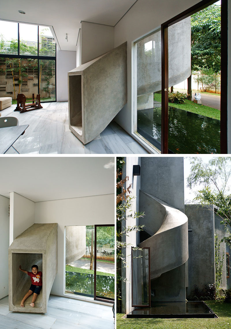 This concrete slide wraps around the outside of this modern house to add a unique look to the exterior of the home, but also creates a tunnel-like atmosphere while you slide from one floor down to the next.