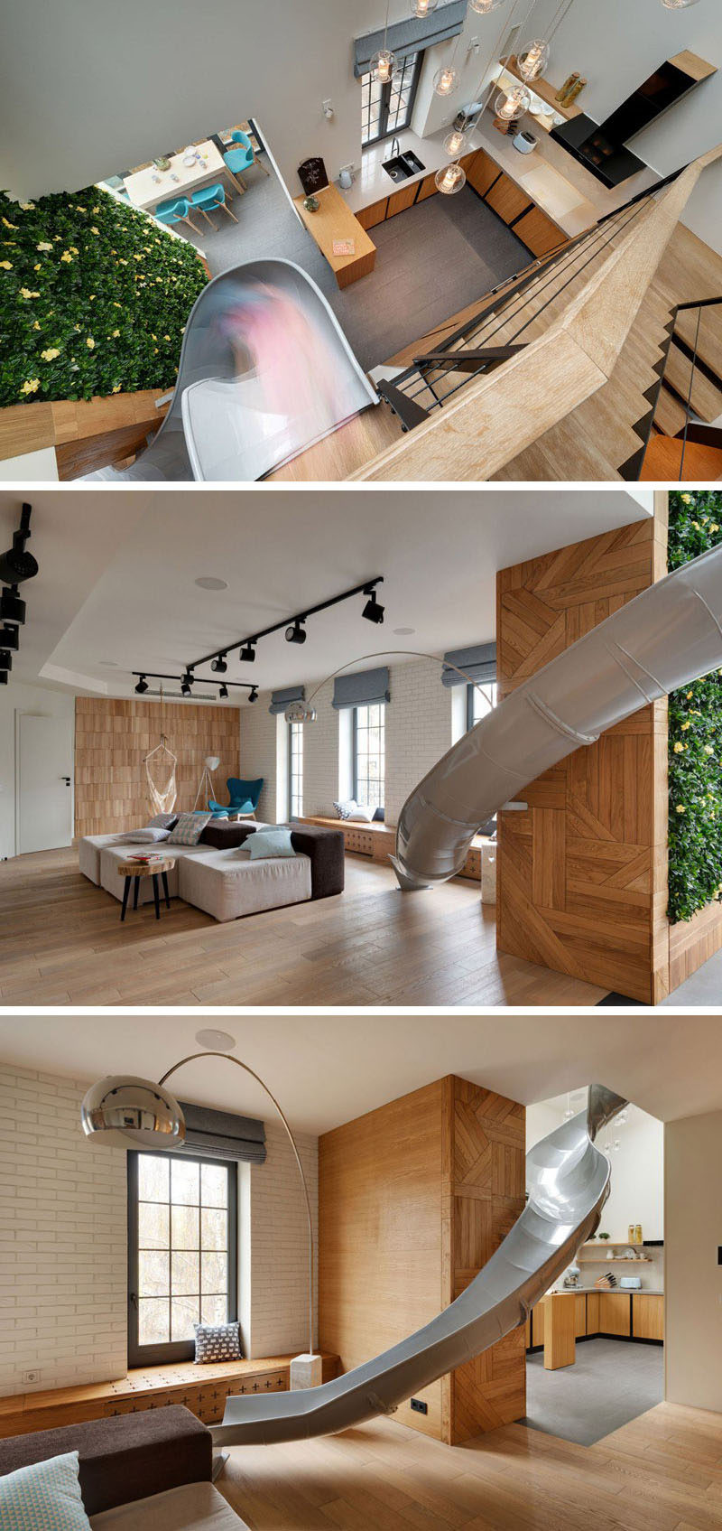 The metal slide in this modern apartment takes you down from the top floor right into the living room, and passes through the kitchen on the way there.