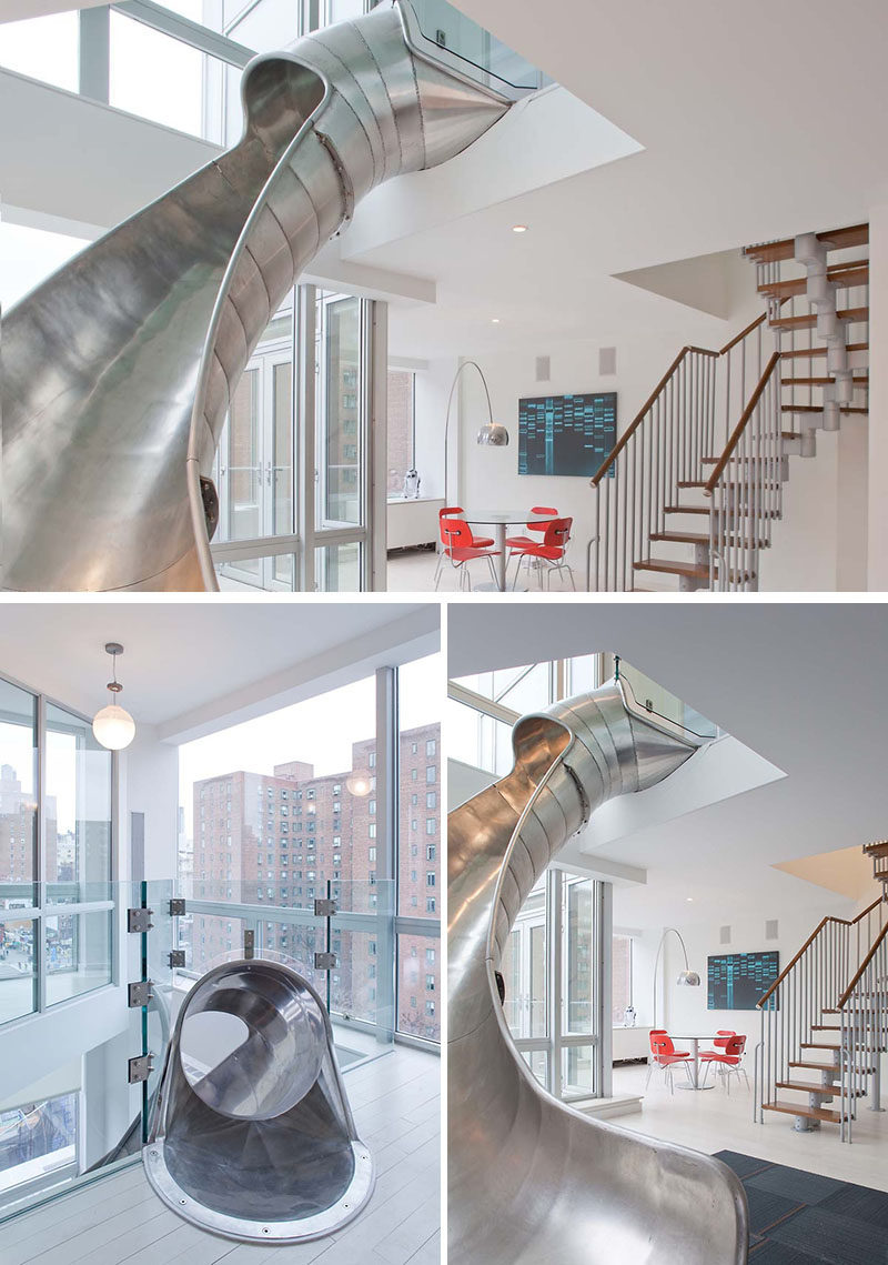 This metal slide was designed to connect two modern penthouse suites that were being combined into a single suite.