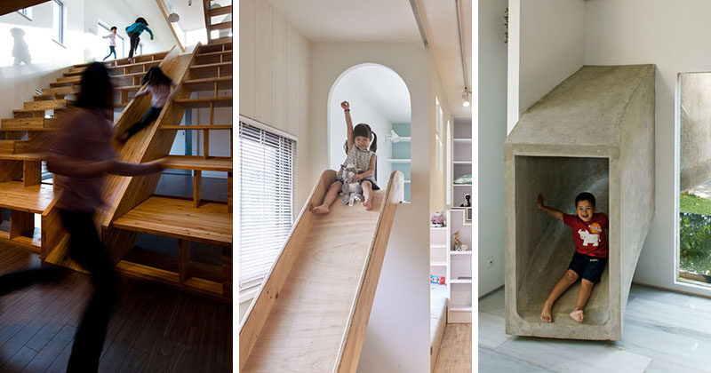 Indoor slides inside homes are a fun way to add a unique element to your interior and make getting downstairs in hurry so much faster. Here are 9 examples of interiors with slides.