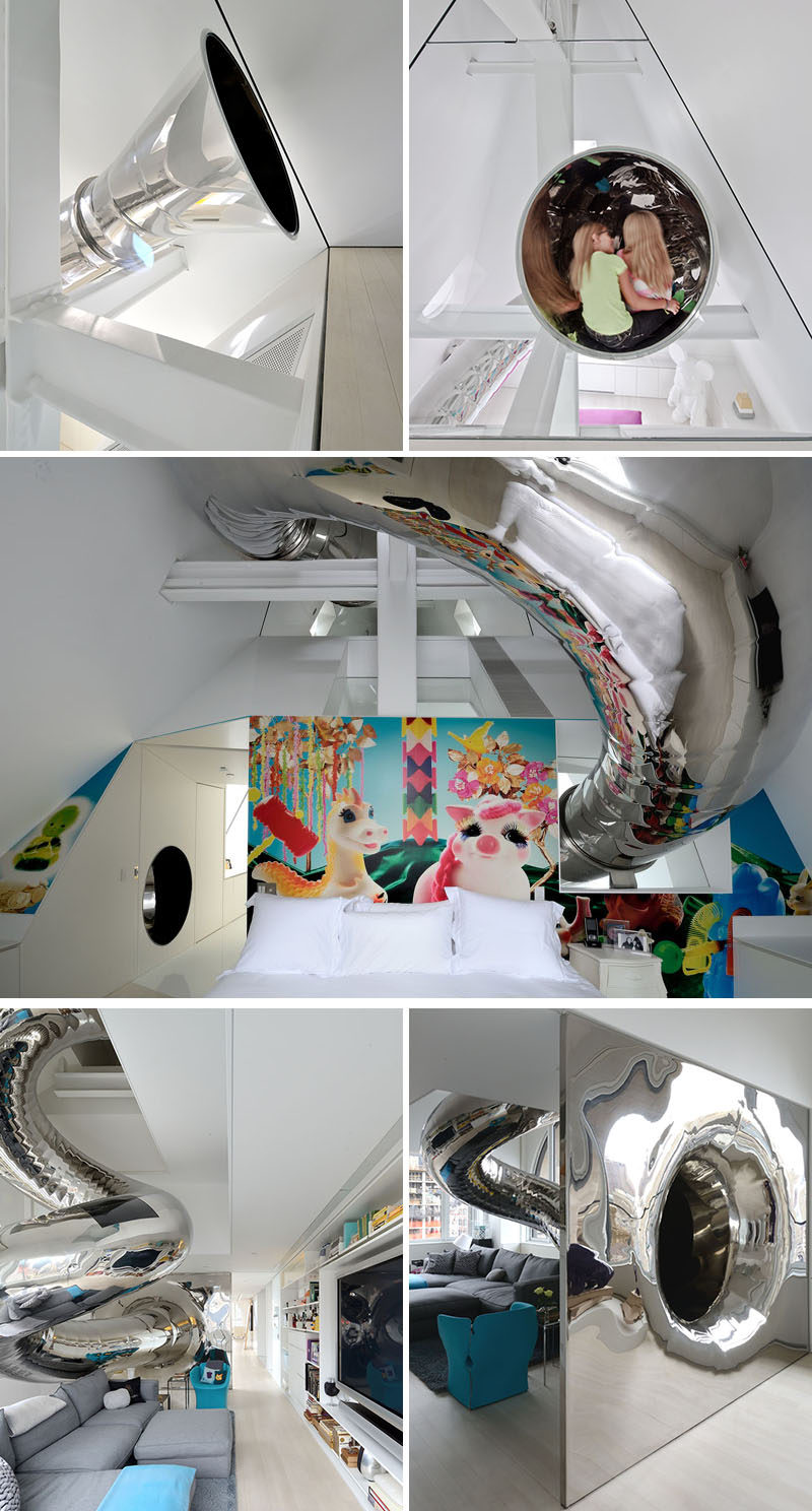 A shiny metal spiral slide sends you shooting down from the top floor of this modern home all the way to the bottom level and adds a unique design detail to the interior.