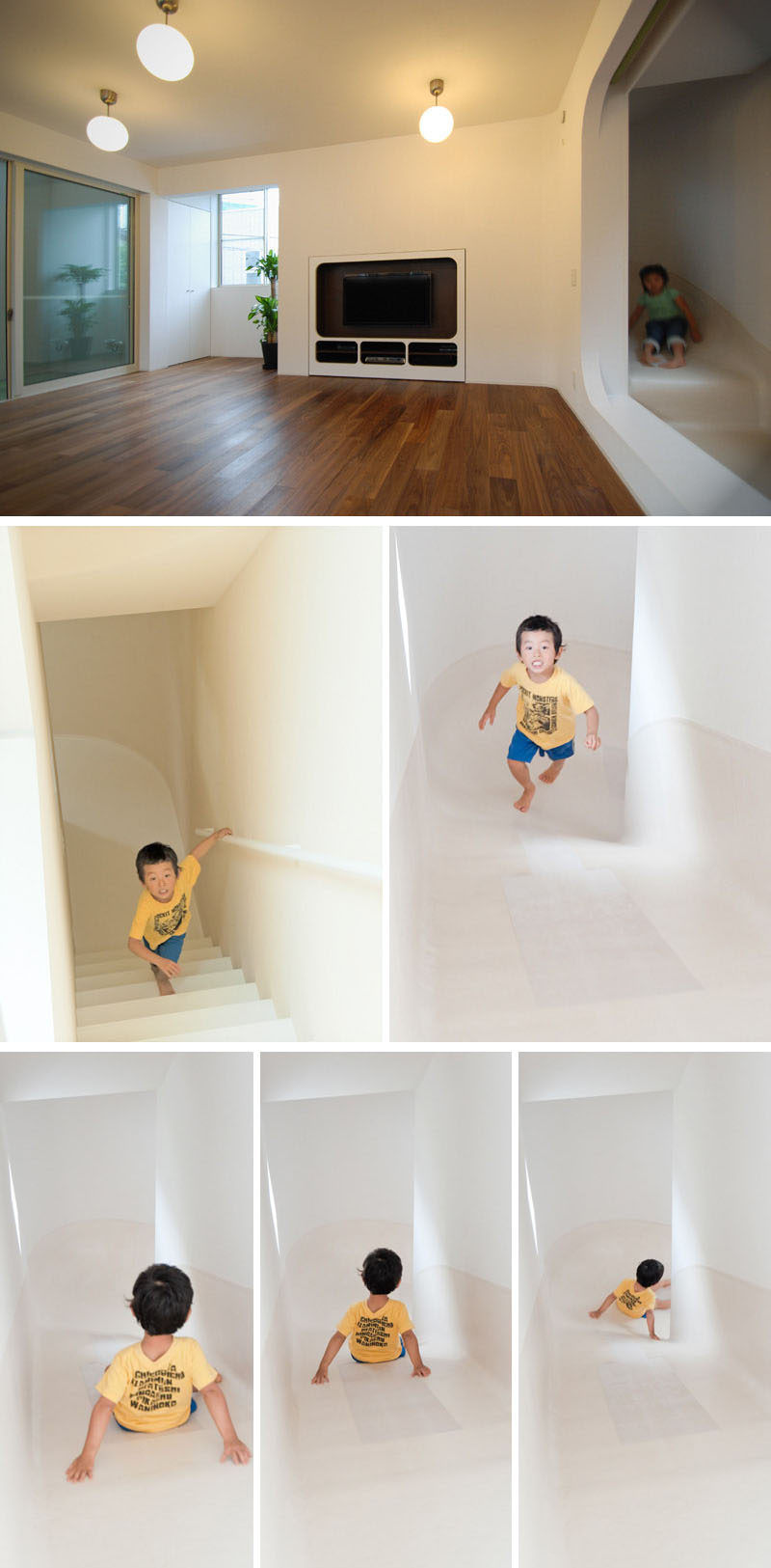 This indoor slide connects the three levels of this house and has a flat middle section to make it easy to get off on the second floor if that's where you want to go.