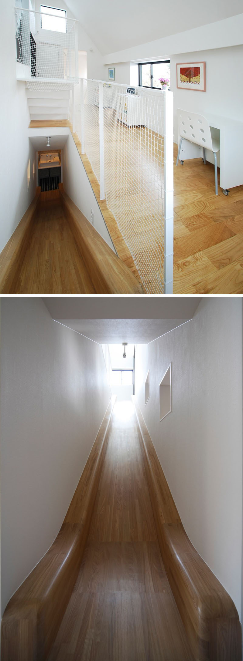 This wooden slide surrounded by white walls connects a work area and a bathroom.