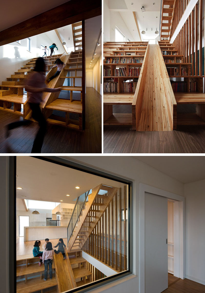 Cầu thang gỗ này làm ba nhiệm vụ như cầu thang chính, một cầu trượt giải trí trong nhà và một bộ lưu trữ hoàn hảo cho sách và các đồ vật nhỏ khác.