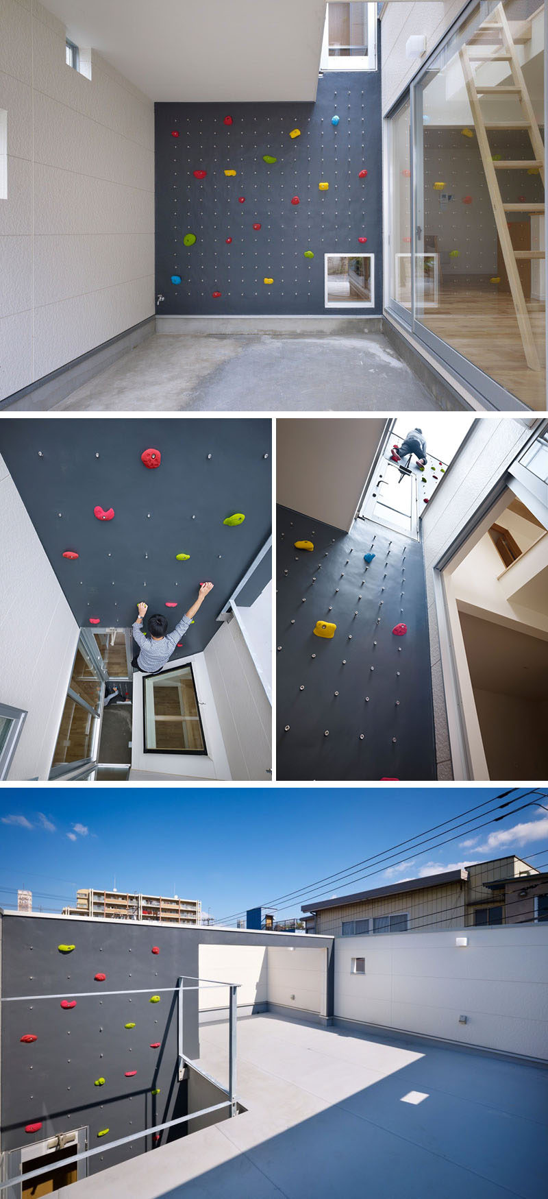 This grey rock climbing wall with colorful holds leads from one outdoor floor to another, allowing someone to climb from the bottom of the house all the way to the roof. #RockClimbingWall #InteriorRockClimbingWalls #InteriorDesign