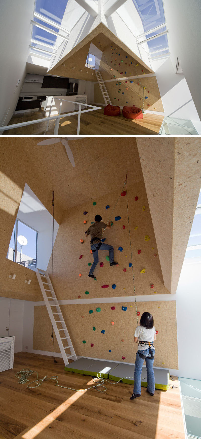 The rock climbing wall just off the kitchen in this bright living space makes the room more fun and gives you something to do while you wait for dinner to cook. #RockClimbingWall #InteriorRockClimbingWalls #InteriorDesign