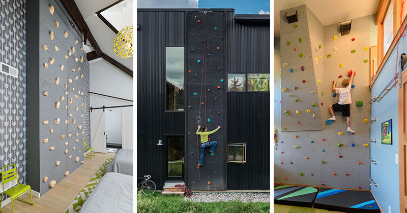 Most rock climbers have to go to rock climbing gyms to get their workout, but these 10 rock climbing walls have been built in and on modern houses. #RockClimbingWall #InteriorRockClimbingWalls #InteriorDesign