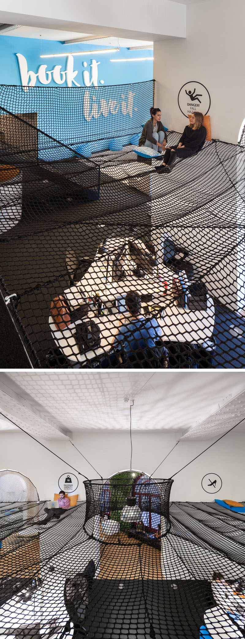 Suspended nets in this office provide a fun place to work and collaborate with coworkers in a relaxed and comfortable environment.