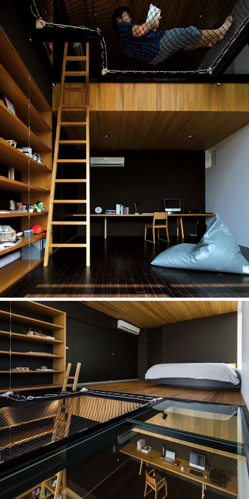 The loft space in this teenager's bedroom is made up of a sleeping area, a net lounge, and a glass floor that makes it easy to see what's going on down below.